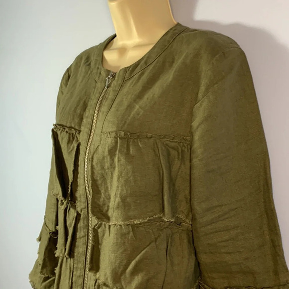 INC olive green 100% linen ruffled zip cardigan topper boho size PM layer jacket - Picture 4 of 10